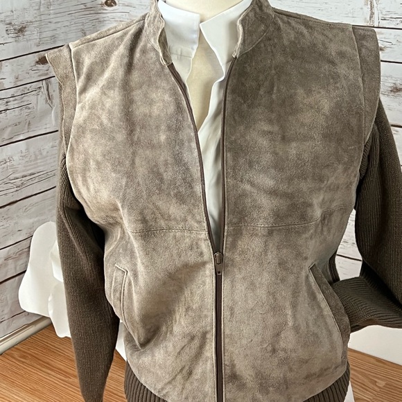 Trading Post Women’s Suede Leather Knit Vintage Coat Jacket Beige Taupe Large - Picture 6 of 9